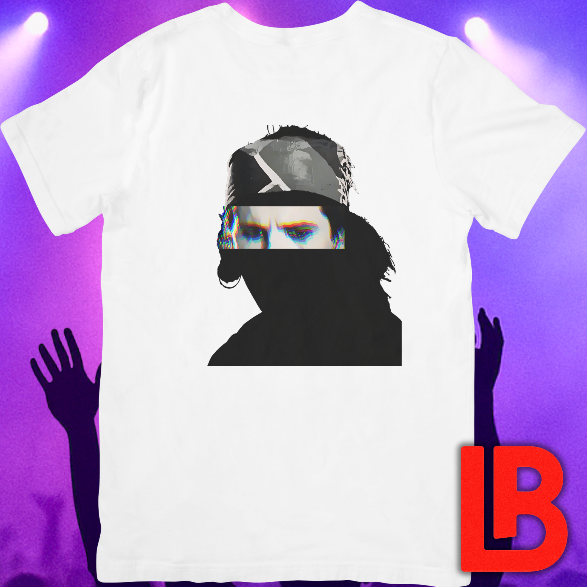 Hard rock music icon graphic t-shirt featuring illustrated silhouette portrait design with long dark hair, ear-ring, makeup eyeliner and bandana headband - background concert setting - 80s design - IconBandwear music icons collection