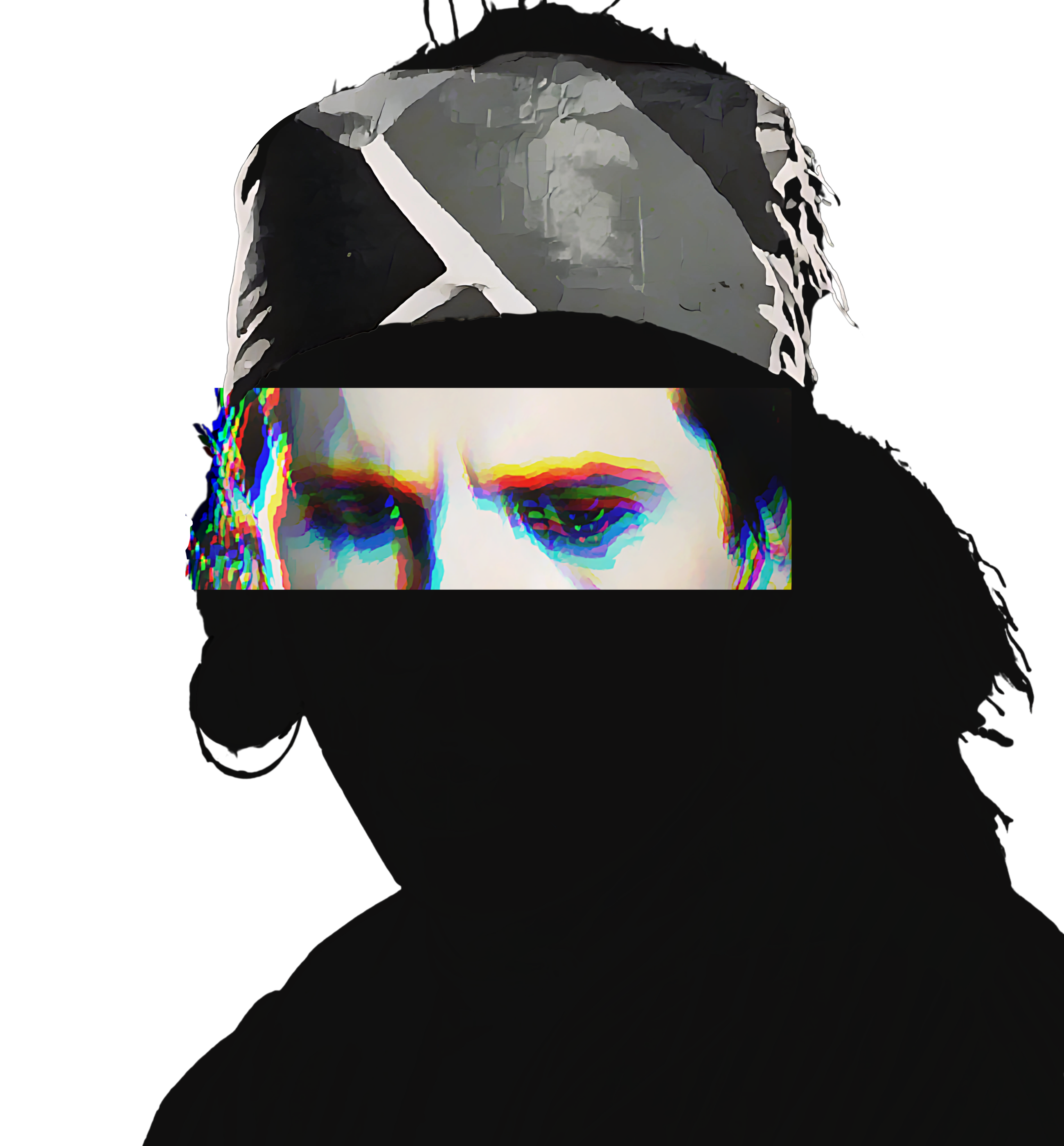 Hard rock music icon graphic portrait silhouette illustration with long dark hair, ear-ring, makeup eyeliner, bandana headband - IconBandwear graphic sweatshirt design - music icons collection