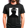 West Coast hip-hop icon t-shirt in black featuring graphic portrait silhouette illustration with bandana headwrap - worn by model in concert setting - IconBandwear music icons collection