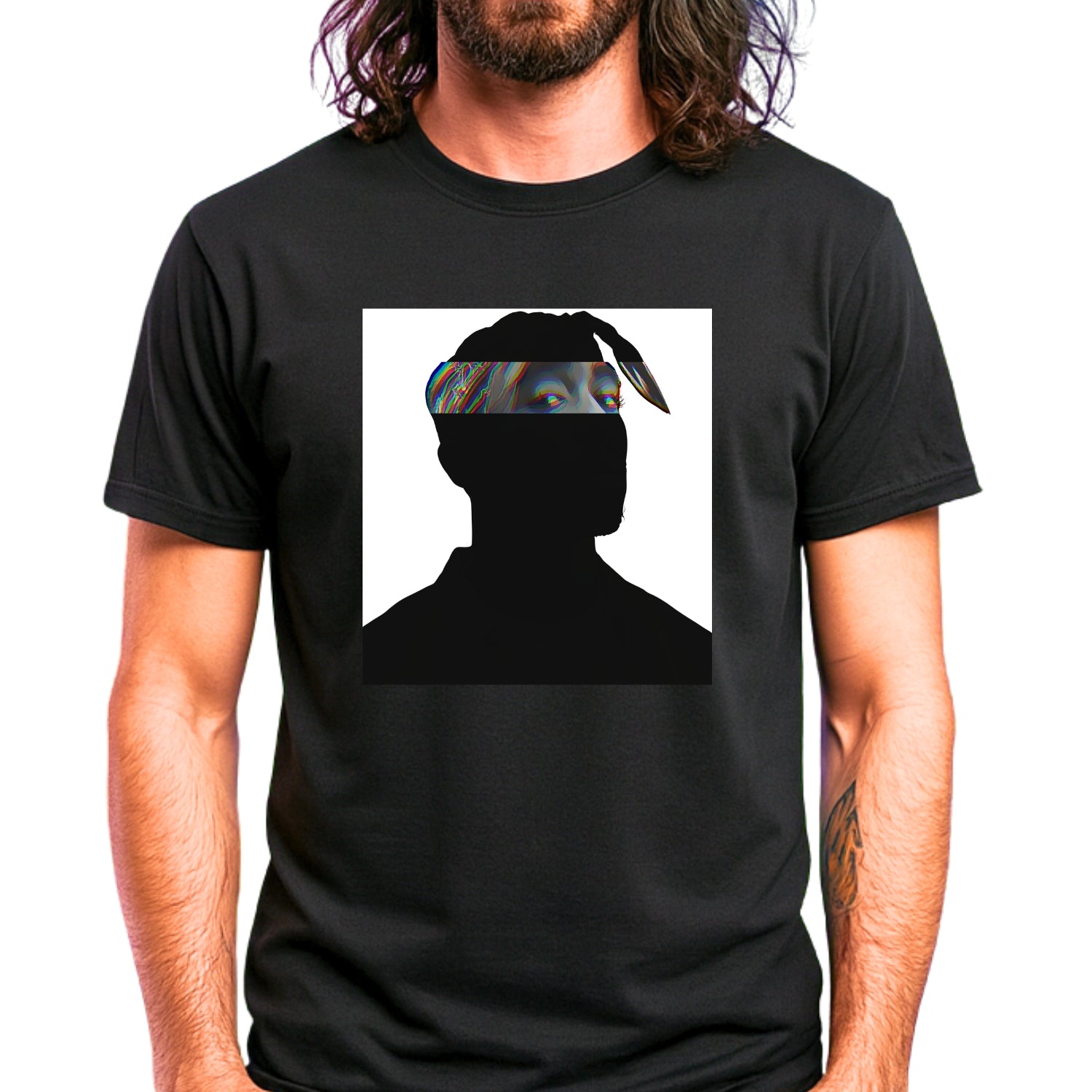 West Coast hip-hop icon t-shirt in black featuring graphic portrait silhouette illustration with bandana headwrap - worn by model in concert setting - IconBandwear music icons collection