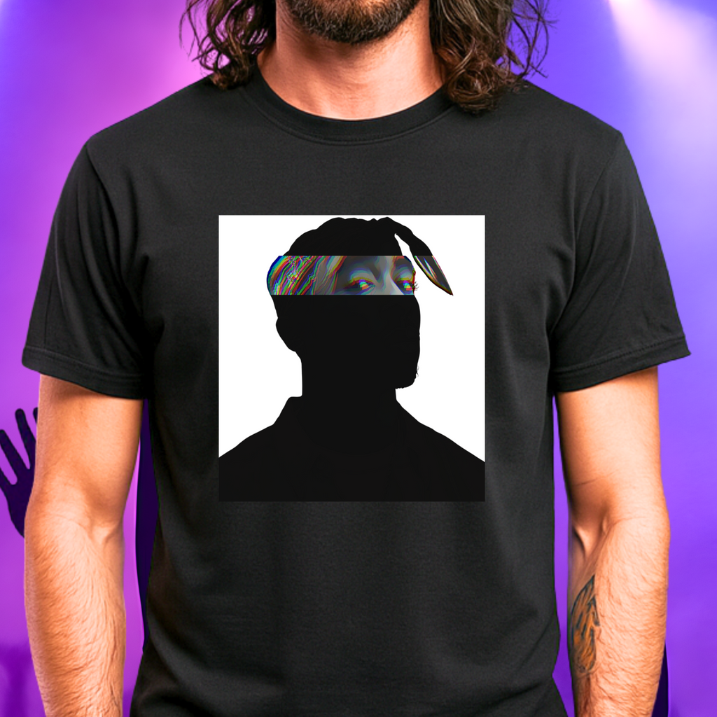 West Coast hip-hop icon t-shirt in black featuring graphic portrait silhouette illustration with bandana headwrap - worn by model in concert setting - IconBandwear music icons collection