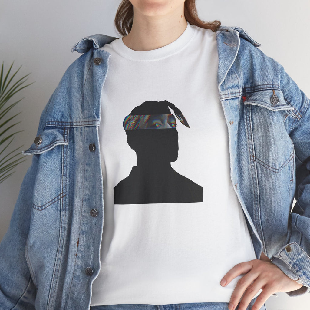 West Coast hip-hop icon t-shirt in white featuring graphic portrait silhouette illustration with bandana headwrap looking forward - styled with denim jacket in studio setting - IconBandwear music icons collection