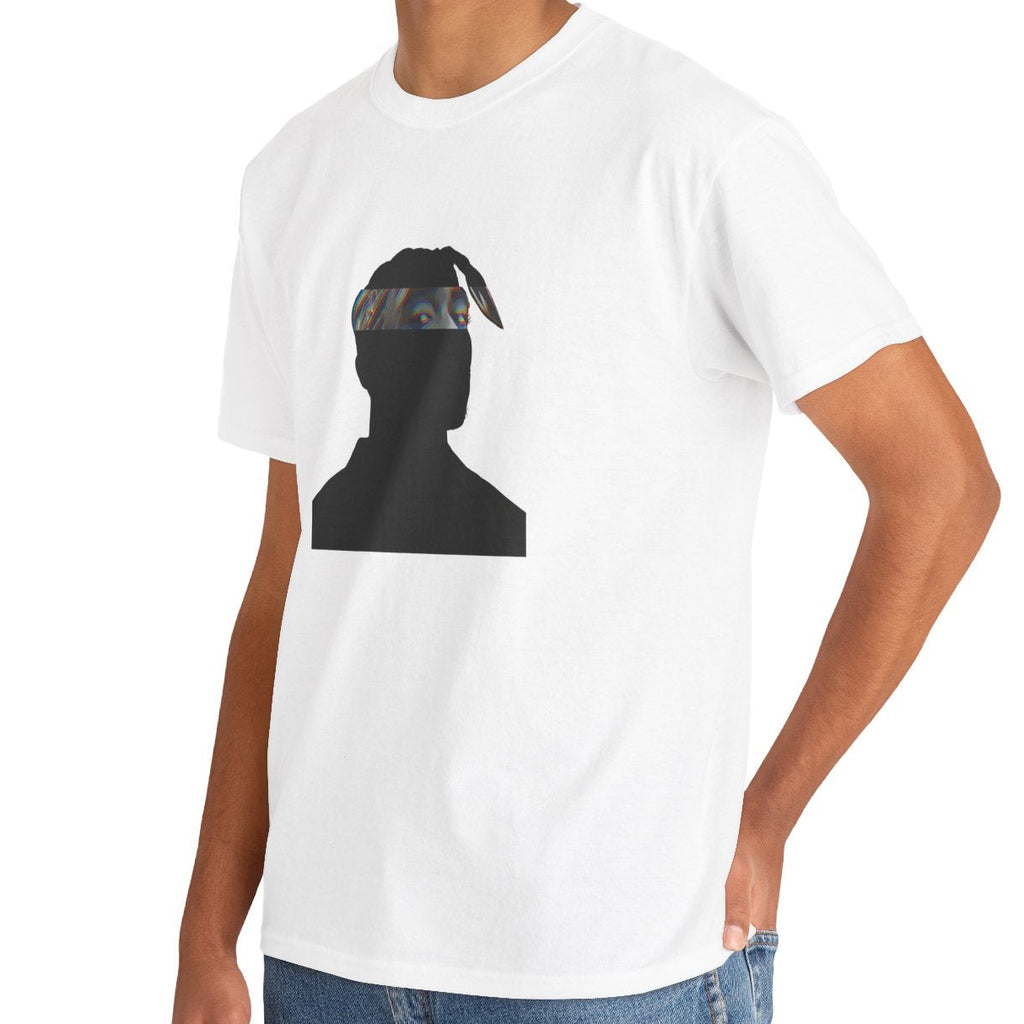 West Coast hip-hop icon t-shirt in white featuring graphic portrait silhouette illustration with bandana headwrap looking forward - worn by model in studio setting - IconBandwear music icons collection