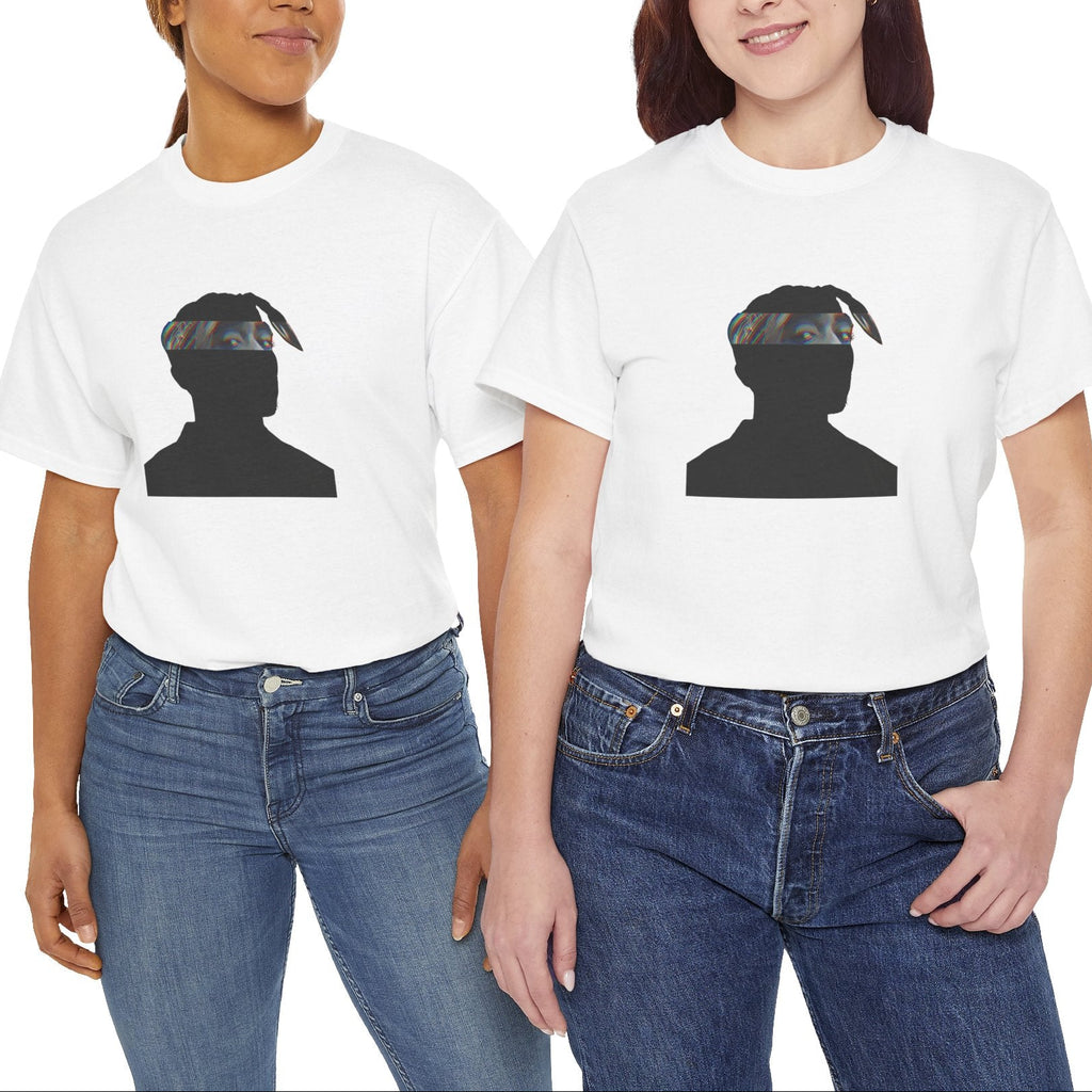 West Coast hip-hop icon t-shirt in white featuring graphic portrait silhouette illustration with bandana headwrap looking forward - worn by models in studio setting - IconBandwear music icons collection