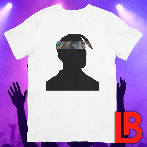 West Coast hip-hop icon t-shirt in white featuring graphic portrait silhouette illustration with bandana headwrap looking forward - background concert setting - IconBandwear music icons collection