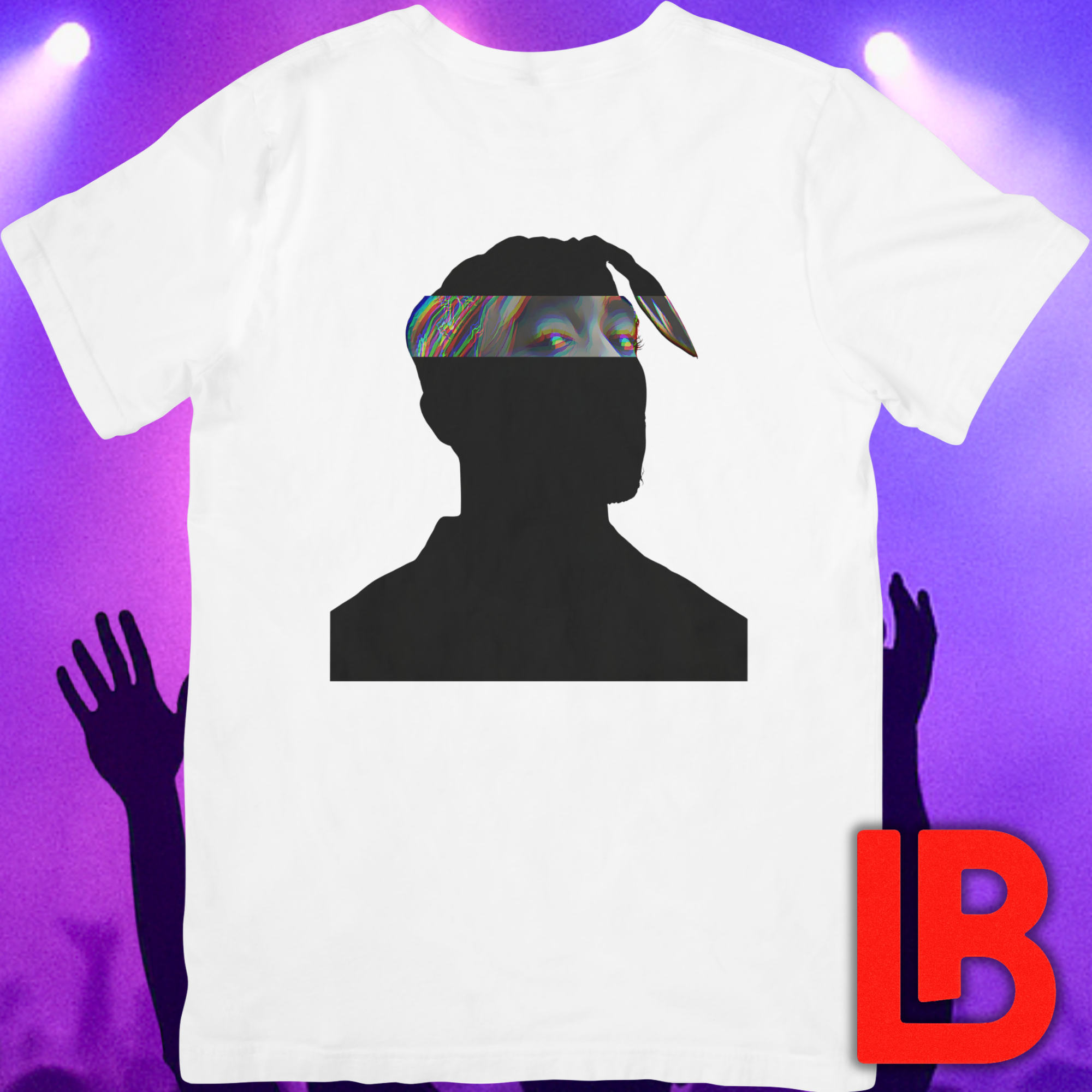 West Coast hip-hop icon t-shirt in white featuring graphic portrait silhouette illustration with bandana headwrap looking forward - background concert setting - IconBandwear music icons collection