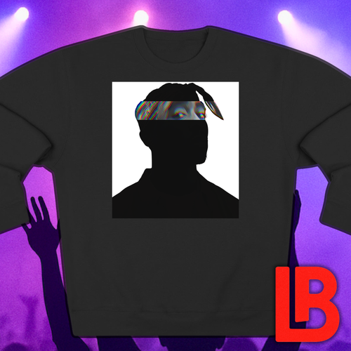 West Coast hip-hop icon sweatshirt in black featuring graphic portrait silhouette illustration with bandana headwrap looking forward - background concert setting - IconBandwear music icons collection