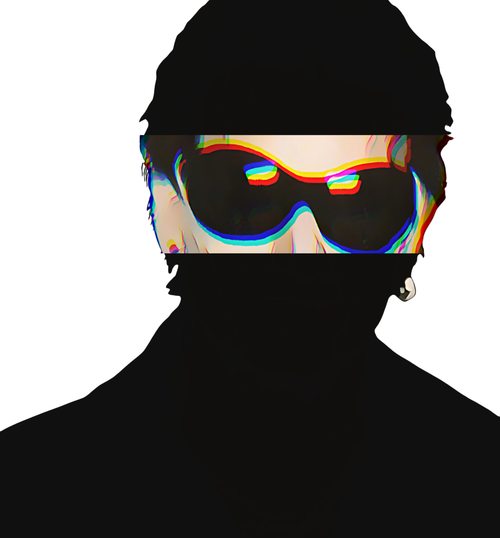 Irish rock icon graphic portrait silhouette illustration with dark hair, fly sunglasses and earring - IconBandwear graphic sweatshirt design - music icons collection