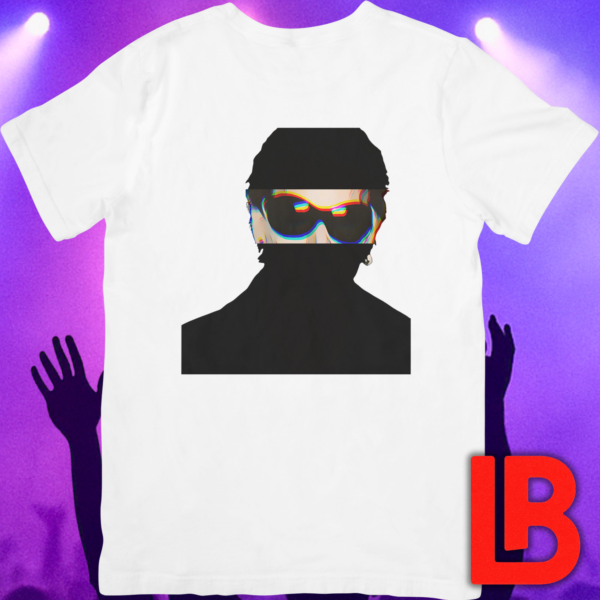 Irish rock music icon graphic t-shirt in white featuring graphic portrait silhouette illustration with fly sunglasses and earring - background concert setting - IconBandwear music icons collection