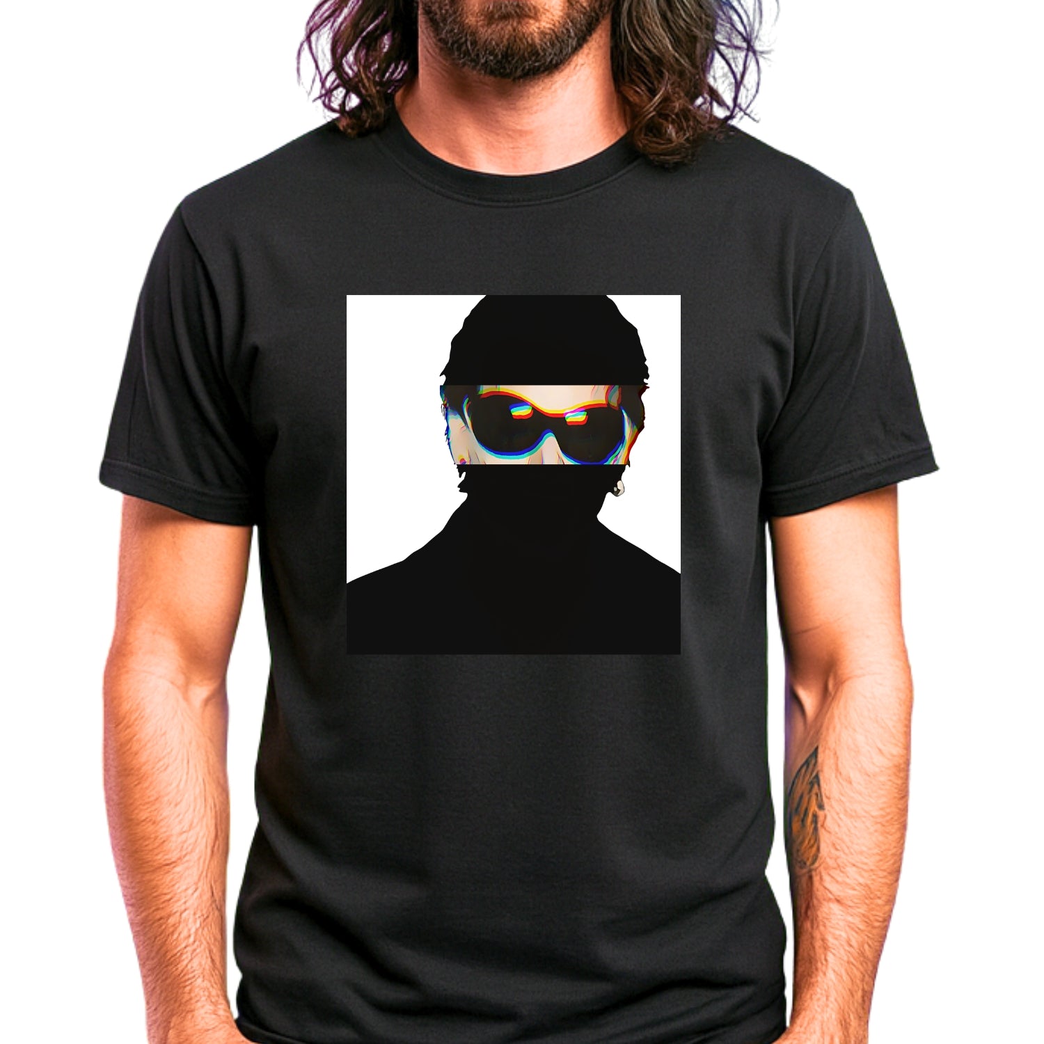 Irish rock music icon graphic t-shirt in black featuring graphic portrait silhouette illustration with fly sunglasses and earring - worn by model in concert setting - IconBandwear music icons collection