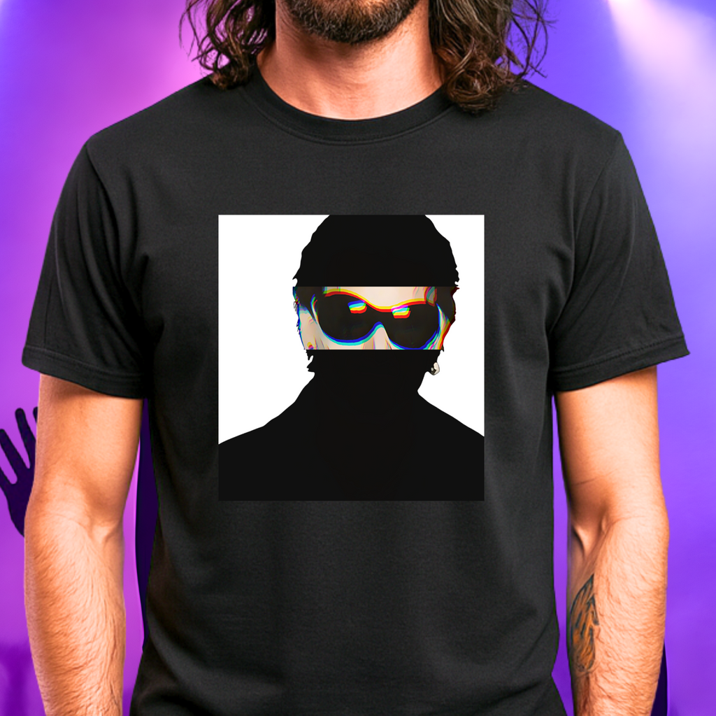 Irish rock music icon graphic t-shirt in black featuring graphic portrait silhouette illustration with fly sunglasses and earring - worn by model in concert setting - IconBandwear music icons collection