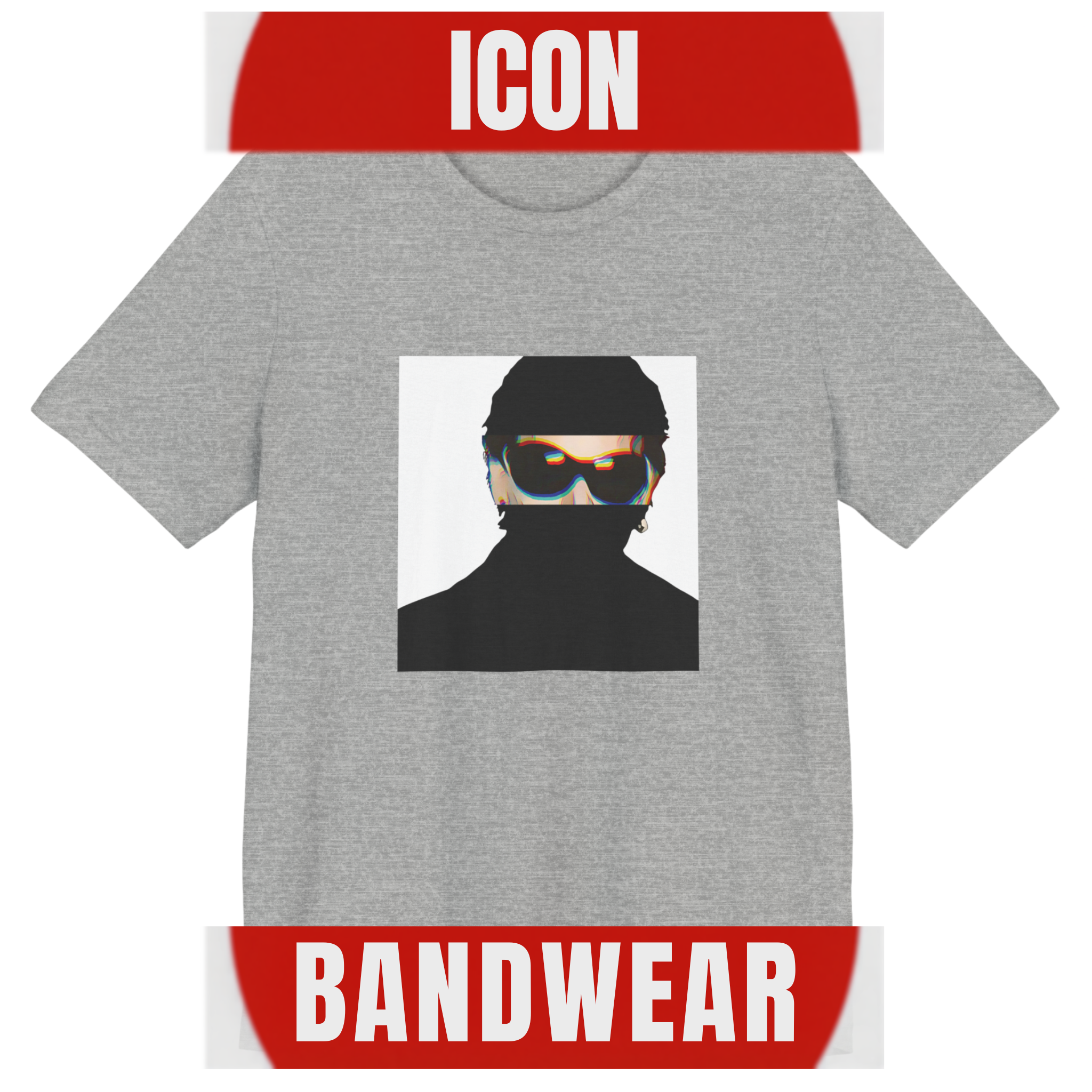 Irish rock music icon graphic t-shirt in grey featuring graphic portrait silhouette illustration with fly sunglasses and earring - IconBandwear music icons collection