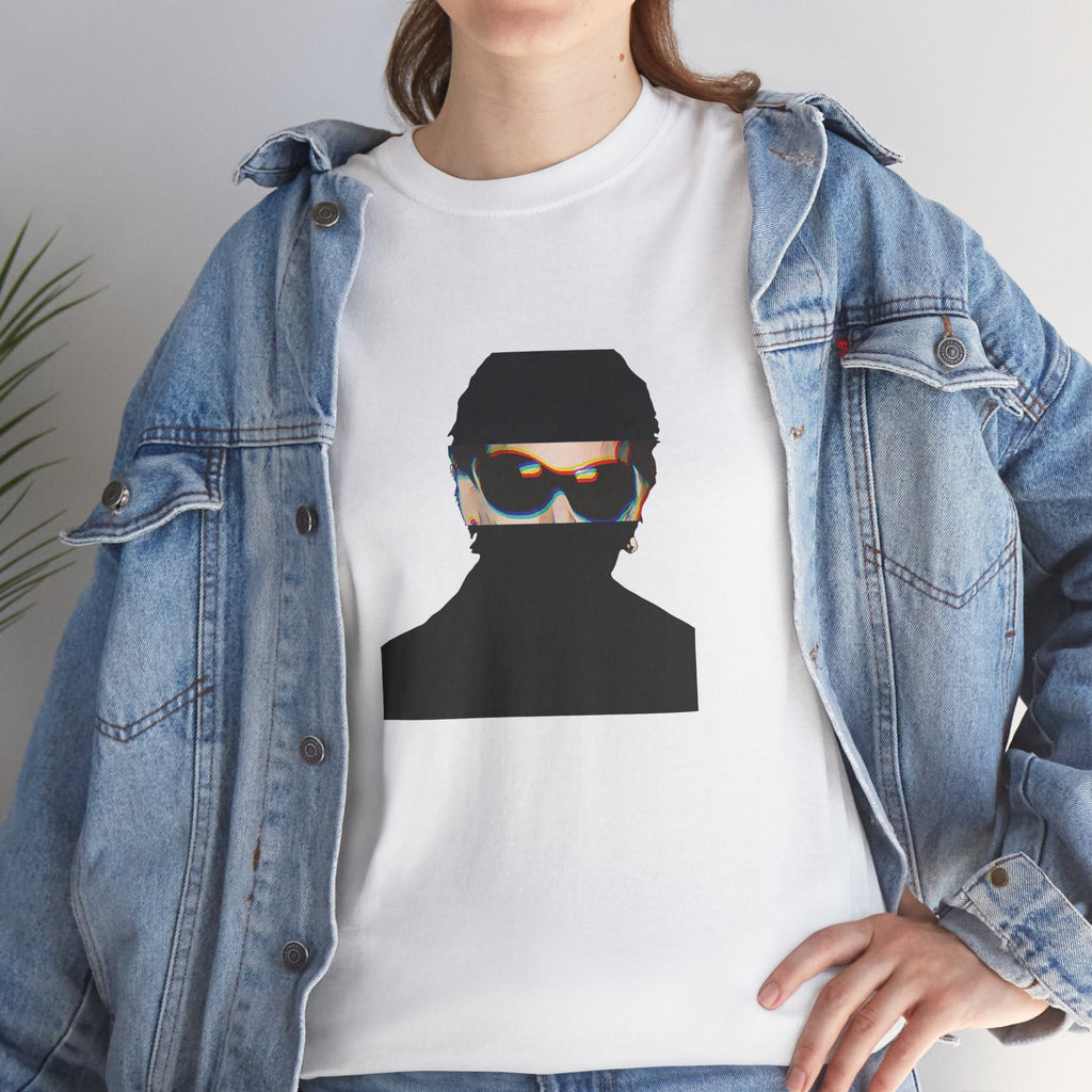 Irish rock music icon graphic t-shirt in white featuring graphic portrait silhouette illustration with fly sunglasses and earring - styled with denim jacket in studio setting - IconBandwear music icons collection