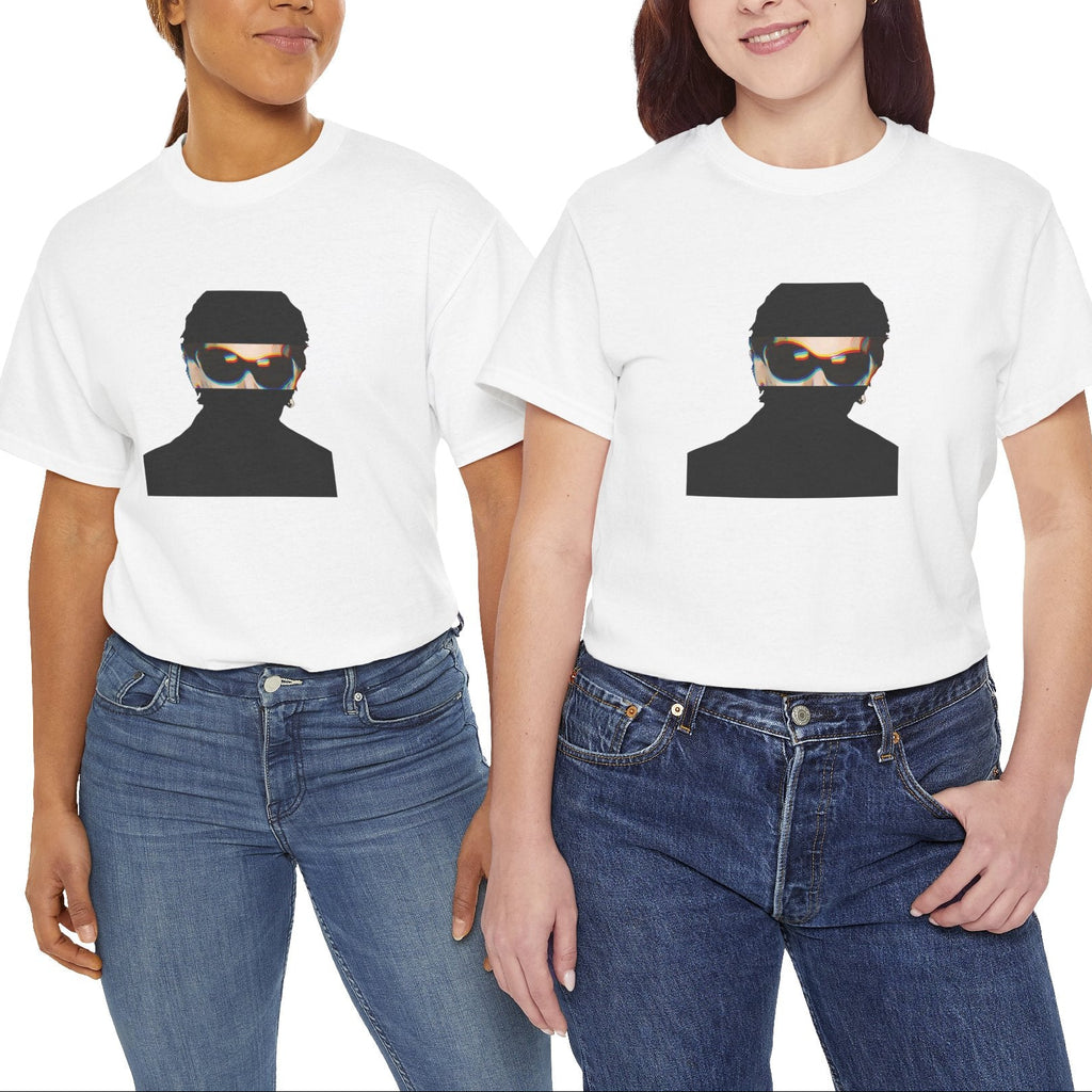 Irish rock music icon graphic t-shirt in white featuring graphic portrait silhouette illustration with fly sunglasses and earring - worn by models in studio setting - IconBandwear music icons collection