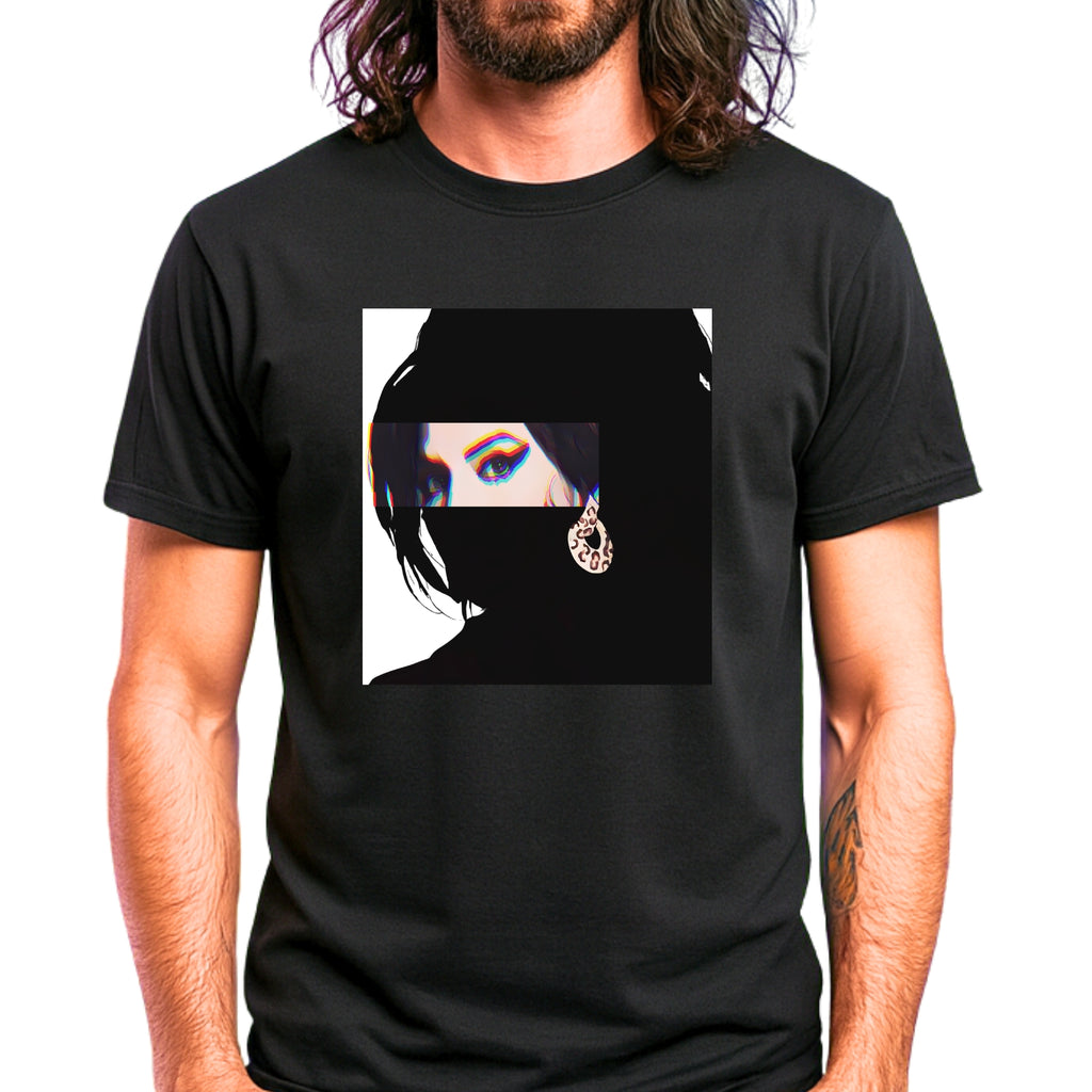 Soul music icon graphic t-shirt in black featuring graphic portrait silhouette illustration of a female figure with a beehive hairstyle and earring - worn by model in concert setting - IconBandwear music icons collection