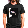 Soul music icon graphic t-shirt in black featuring graphic portrait silhouette illustration of a female figure with a beehive hairstyle and earring - worn by model in concert setting - IconBandwear music icons collection