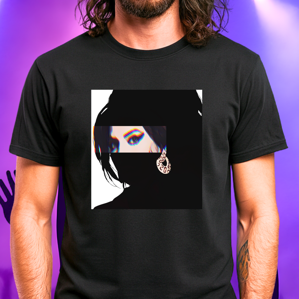 Soul music icon graphic t-shirt in black featuring graphic portrait silhouette illustration of a female figure with a beehive hairstyle and earring - worn by model in concert setting - IconBandwear music icons collection