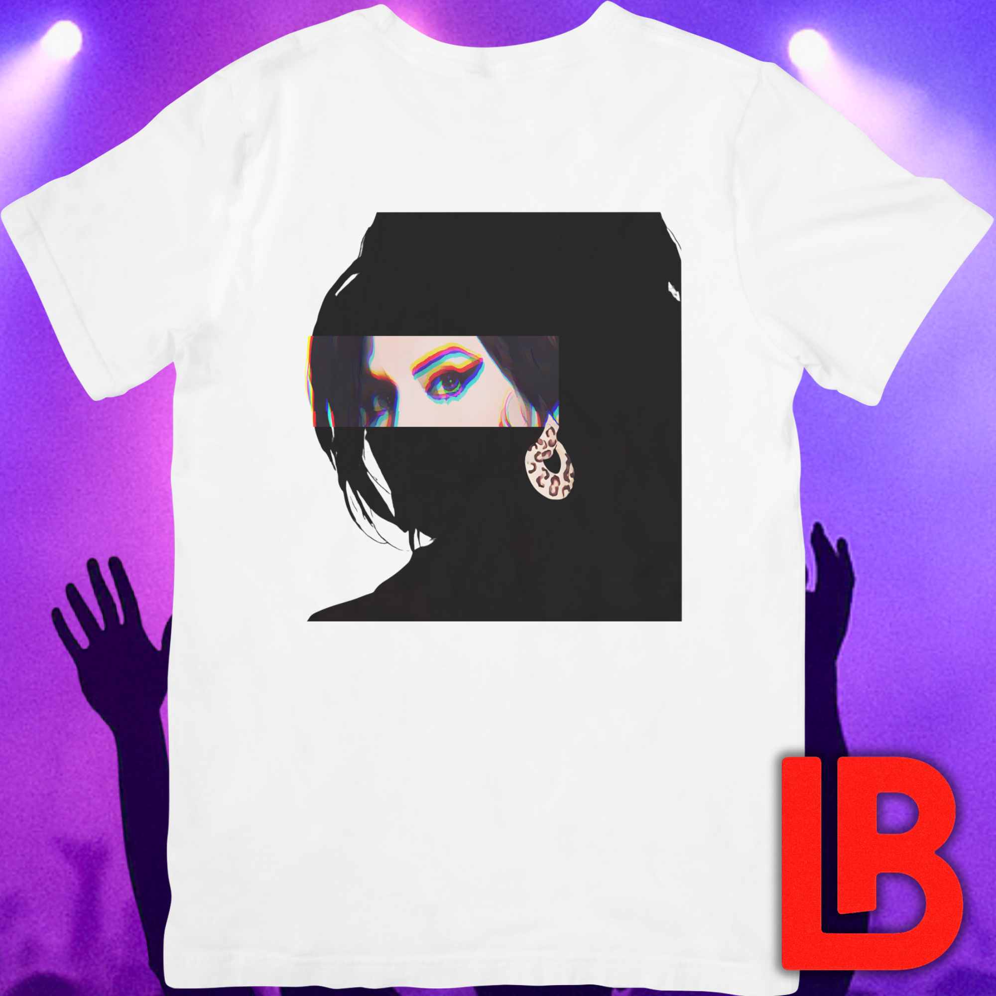 Soul music icon graphic t-shirt in white featuring graphic portrait silhouette illustration of a female figure with a beehive hairstyle and earring - background concert setting - IconBandwear music icons collection
