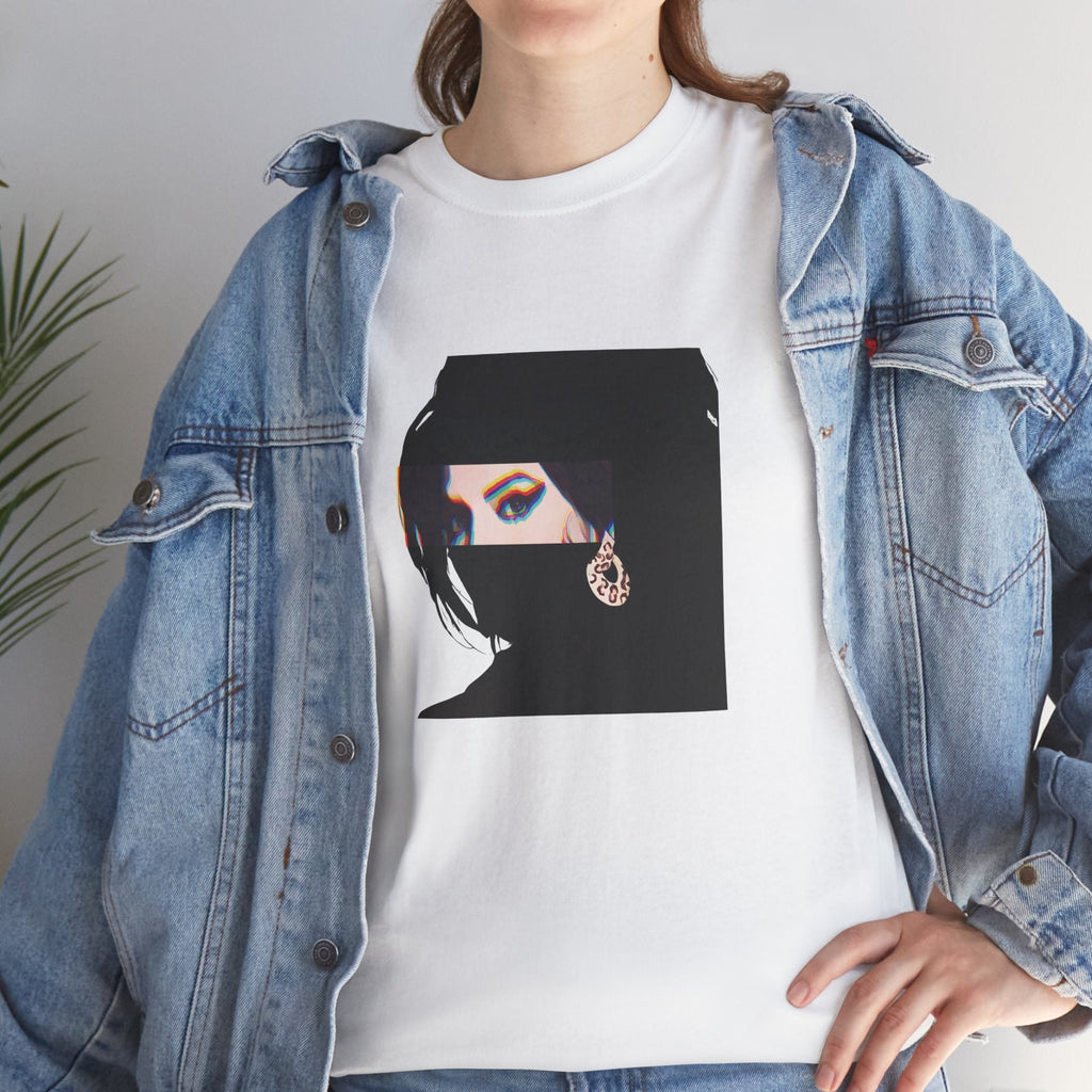 Soul music icon graphic t-shirt in white featuring graphic portrait silhouette illustration of a female figure with a beehive hairstyle and earring - styled with denim jacket in studio setting - IconBandwear music icons collection
