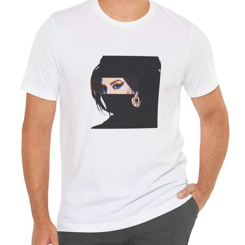 Soul music icon graphic t-shirt in white featuring graphic portrait silhouette illustration of a female figure with a beehive hairstyle and earring - worn by model in studio setting - IconBandwear music icons collection