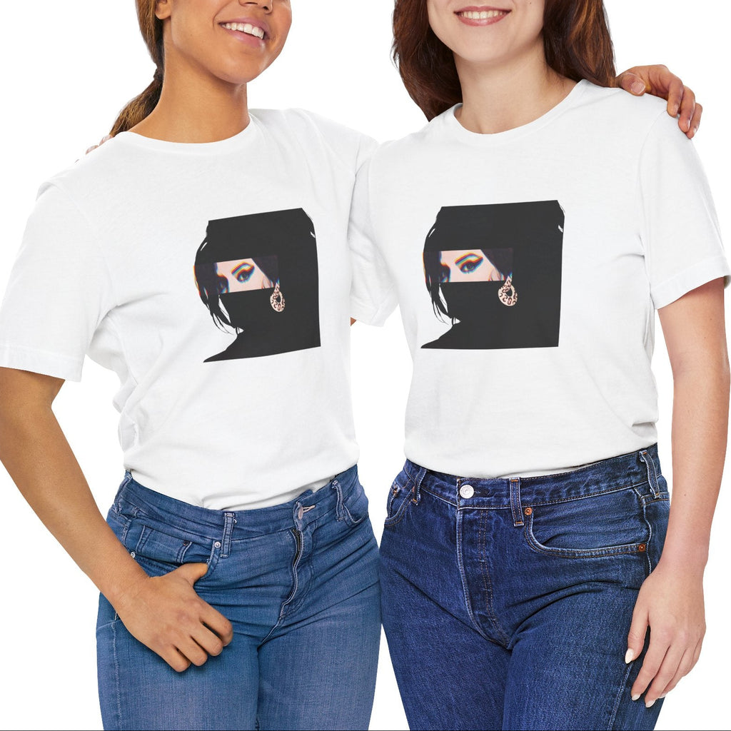Soul music icon graphic t-shirt in white featuring graphic portrait silhouette illustration of a female figure with a beehive hairstyle and earring - worn by models in studio setting - IconBandwear music icons collection
